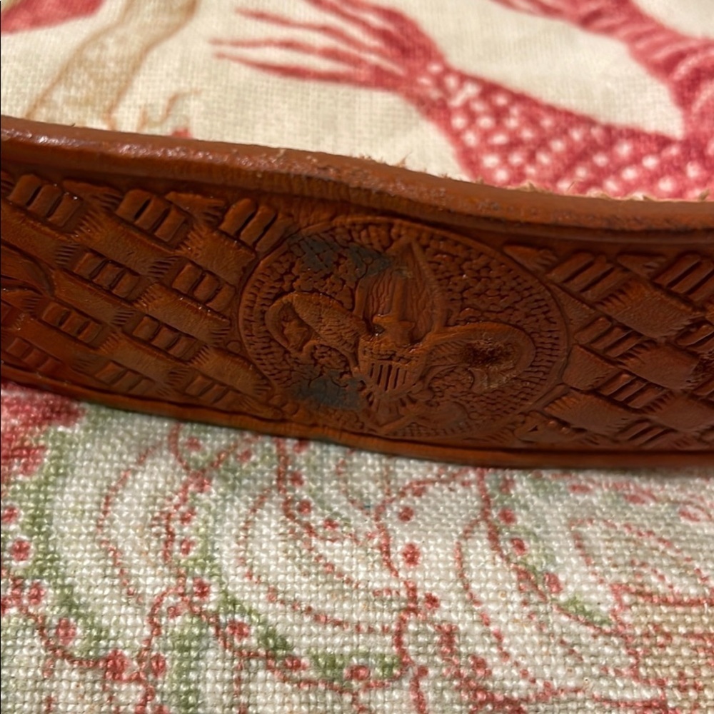 Vtg Longhorn Siskiyou L-89 USA Belt Buckle Etched Cognac Leather Belt - Picture 4 of 13